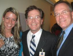 Staffer Natalie Sept, Leverage's Timothy Hutton and Commissioner Nick Fish at the set